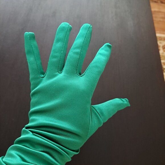 Green Satin Finish Opera Gloves 22" Halloween Costume Elegant Formal Stretch - Picture 6 of 9